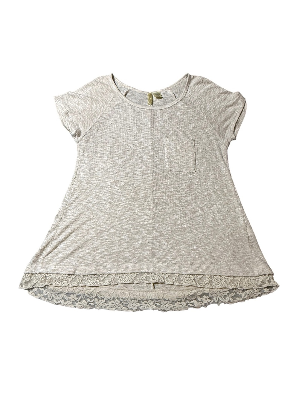 Chenault Lace Trim Tunic Top XL Beige Marled Knit Pocket Short Sleeve Blouse